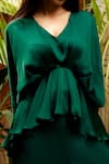 Shop_OMANA BY RANJANA BOTHRA_Emerald Green Satin Plain V Neck Cowl Sleeve Top And Trouser Set _Online_at_Aza_Fashions