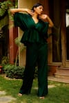 OMANA BY RANJANA BOTHRA_Emerald Green Satin Plain V Neck Cowl Sleeve Top And Trouser Set _Online_at_Aza_Fashions