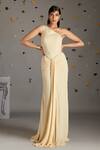 Shop_Gauri Dhawan_Beige Velvet And Crepe Crimp Gown One Shoulder & Jacket Round & Short Set _Online_at_Aza_Fashions