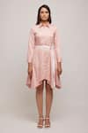 Escape By Aishwarya_Pink Cotton Satin Plain Collared Neck Handkerchief Midi Shirt Dress _Online_at_Aza_Fashions