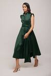 Escape By Aishwarya_Green Cotton Satin Collared Pleated Sleeve Jumpsuit _Online_at_Aza_Fashions