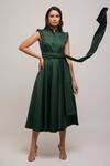 Buy_Escape By Aishwarya_Green Cotton Satin Collared Pleated Sleeve Jumpsuit _Online_at_Aza_Fashions