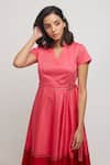 Buy_Escape By Aishwarya_Pink Cotton Satin V Neck Color Blocked Dress With Fabric Belt _Online_at_Aza_Fashions