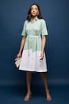 Escape By Aishwarya_Green Cotton Satin Collared Neck A-line Dress With Fabric Belt _Online_at_Aza_Fashions