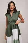 Escape By Aishwarya_Green Cotton Satin Collared Neck Pleated Sleeves Midi Dress _Online_at_Aza_Fashions