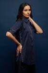 Escape By Aishwarya_Blue Cotton Satin Embroidery Collared Side Open Tich Shirt _Online_at_Aza_Fashions