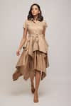 Escape By Aishwarya_Beige Cotton Satin Solid Collared Neck Asymmetric Dress With Fabric Belt _Online_at_Aza_Fashions