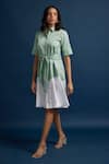 Buy_Escape By Aishwarya_Green Cotton Satin Collared Neck A-line Dress With Fabric Belt _Online_at_Aza_Fashions