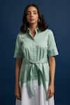 Shop_Escape By Aishwarya_Green Cotton Satin Collared Neck A-line Dress With Fabric Belt _Online_at_Aza_Fashions