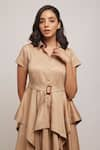 Escape By Aishwarya_Beige Cotton Satin Solid Collared Neck Asymmetric Dress With Fabric Belt _at_Aza_Fashions