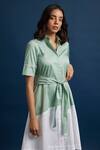 Escape By Aishwarya_Green Cotton Satin Collared Neck A-line Dress With Fabric Belt _at_Aza_Fashions