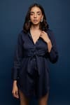 Buy_Escape By Aishwarya_Blue Cotton Satin Plain Collared Neck Front Tie Up Jumpsuit _Online_at_Aza_Fashions