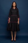 Escape By Aishwarya_Black Cotton Satin Collared Neck Gathered Midi Dress _Online_at_Aza_Fashions