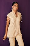 Evra by Nikita_Beige Georgette Embroidered Thread Work Pleated Tunic And Pant Set _Online_at_Aza_Fashions