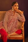 Buy_Evra by Nikita_Red Georgette Embroidered Zari Mandarin Collar Flared Kurta And Tulip Pant Set _Online_at_Aza_Fashions