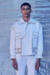 Line Out Line_Off White Cotton Embroidered Patch Work And Piping Asymmetric Bomber Jacket_Online_at_Aza_Fashions