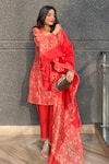Shop_Shrutkirti_Orange Chanderi Printed Floral Tie Short Kurta Set _at_Aza_Fashions