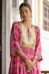 Rajiramniq_Fuchsia Dupatta Tissue Silk, Kurta Silk, Palazzo Modal Satin Gathered Set _Online_at_Aza_Fashions