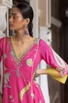 Rajiramniq_Fuchsia Kurta Silk Printed And Embroidered Floral Deep V Neck Set _Online_at_Aza_Fashions