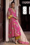 Buy_Rajiramniq_Fuchsia Kurta Silk Printed And Embroidered Floral Deep V Neck Set _Online_at_Aza_Fashions