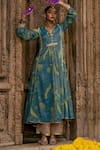 Buy_Rajiramniq_Blue Anarkali Chanderi Tissue, Dupatta Organza, Palazzo Modal Floral Set _Online_at_Aza_Fashions