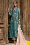 Shop_Rajiramniq_Blue Anarkali Chanderi Tissue, Dupatta Organza, Palazzo Modal Floral Set _Online_at_Aza_Fashions