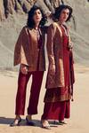 Label Varsha_Maroon Wool, Viscose, Pashmina Embroidery Mandarin Collar, Kurta Set With Jacket_Online_at_Aza_Fashions
