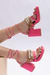 THE FROU FROU STUDIO_Pink Embellished Pearl Strap Block Heels _Online_at_Aza_Fashions