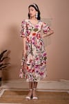 Aroop Shop India_Pink Viscose V-neck Lita Petunia Print Dress _Online_at_Aza_Fashions
