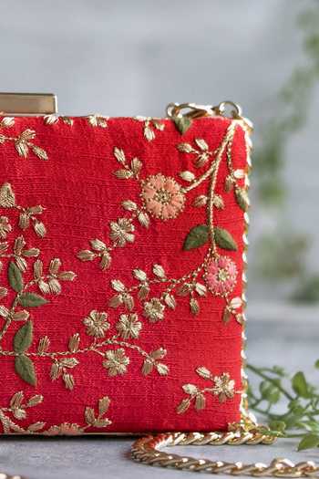 AMYRA_Red Zari, Sequins, Embroidery Floral Creeper Thread Work Box Clutch _Online_at_Aza_Fashions