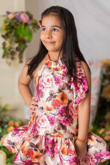 Lil Angels_Multi Color Satin, Cotton Floral Print Dress _Online_at_Aza_Fashions
