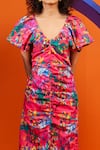 The Dramebaaz CO_Pink Beads V-neck Aster Print Gathered Dress _Online_at_Aza_Fashions
