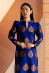 Joskai Studio_Blue Mulberry Silk Handwoven Floral Mandarin Collar Zari Kurta Set _Online_at_Aza_Fashions