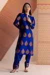 Buy_Joskai Studio_Blue Mulberry Silk Handwoven Floral Mandarin Collar Zari Kurta Set _Online_at_Aza_Fashions