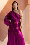 Joskai Studio_Pink Kaftan  Mulberry Silk Embroidered Zari Butta One Shoulder And Pant Set _Online_at_Aza_Fashions