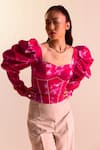 Joskai Studio_Pink Satin Printed Digital Sweetheart Neck Top _Online_at_Aza_Fashions