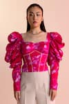 Buy_Joskai Studio_Pink Satin Printed Digital Sweetheart Neck Top _Online_at_Aza_Fashions