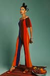 Buy_LABEL SHRISTI CHETANI_Multi Color Natural Crepe Hand Embroidered Stripes One Shoulder Jumpsuit _Online_at_Aza_Fashions