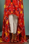 LABEL SHRISTI CHETANI_Red Natural Crepe Printed Floral Round Asymmetric Draped Top And Pant Set _Online_at_Aza_Fashions