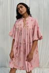 Shop Ayaka Pink Cotton Collared Floral Print Gathered Dress Online at Aza Fashions Shop_Ayaka_Pink Cotton Collared Floral Print Gathered Dress _Online_at_Aza_Fashions