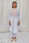 Ayaka_Blue Cotton Embroidery Round Neck Checkered Hand Block Print Tunic _Online_at_Aza_Fashions