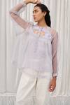 Shop_Ayaka_Blue Silk Organza, Cotton Embroidery Round Neck Floral Applique Top _Online_at_Aza_Fashions