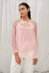 Ayaka_Pink Silk Organza Embroidery Round Neck Applique Top _at_Aza_Fashions