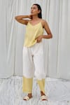 Ayaka_Yellow 100% Organic Cotton Made Checkered Hem Front Pleated Trouser  _Online_at_Aza_Fashions