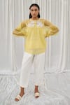 Buy_Ayaka_Yellow Silk Organza, Cotton Embroidery Round Neck Applique Top _Online_at_Aza_Fashions