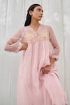 Buy Ayaka Pink Silk Organza, Cotton Tassels, Embroidery V-neck Floral Dress Online at Aza Fashions Buy_Ayaka_Pink Silk Organza, Cotton Tassels, Embroidery V-neck Floral Dress _Online_at_Aza_Fashions