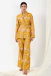 Flamingo the label_Yellow Cotton Silk Printed Floral Shawl Collar Phool Blazer With Pant _Online_at_Aza_Fashions