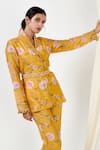 Shop_Flamingo the label_Yellow Cotton Silk Printed Floral Shawl Collar Phool Blazer With Pant _Online_at_Aza_Fashions