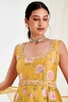 Label Flamingo By Vrinda_Yellow Cotton, Silk, Chiffon Rosette Print Panelled Anarkali With Dupatta _at_Aza_Fashions