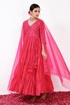 Shop_Label Flamingo By Vrinda_Pink Cotton, Silk, Lycra, Organza Pearls, Tiered Angarkha Anarkali Churidar Set 